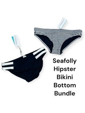 SEAFOLLY navy and white hipster bikini bottom bundle size 6